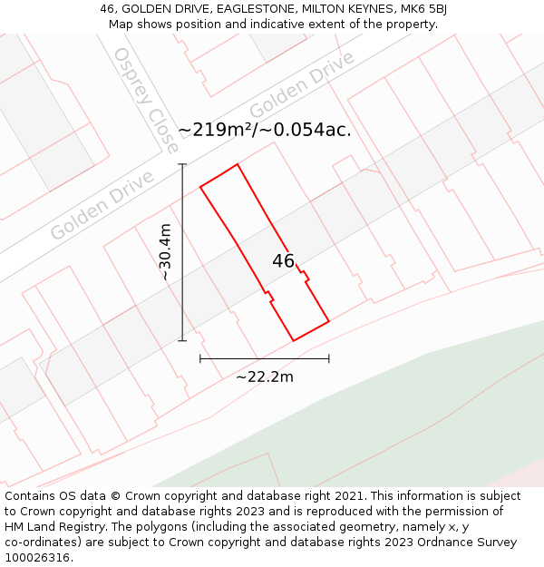 46, GOLDEN DRIVE, EAGLESTONE, MILTON KEYNES, MK6 5BJ: Plot and title map