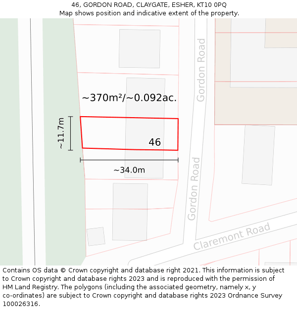 46, GORDON ROAD, CLAYGATE, ESHER, KT10 0PQ: Plot and title map