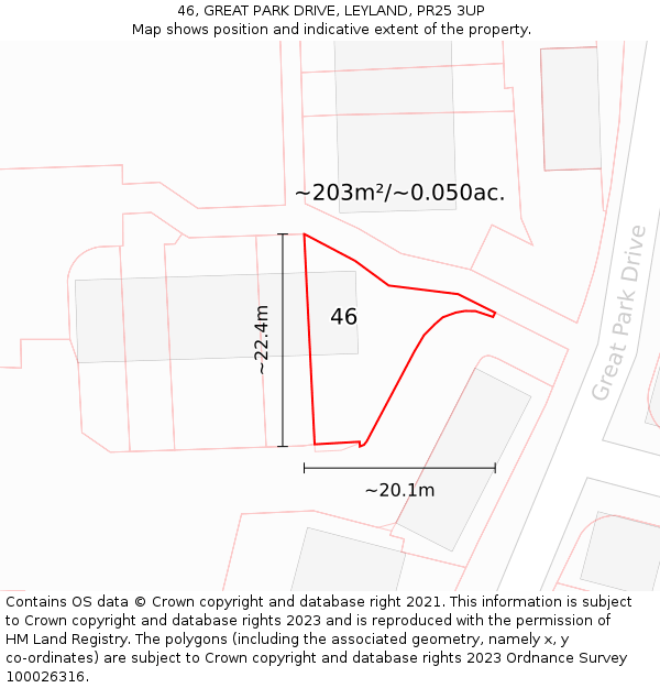 46, GREAT PARK DRIVE, LEYLAND, PR25 3UP: Plot and title map