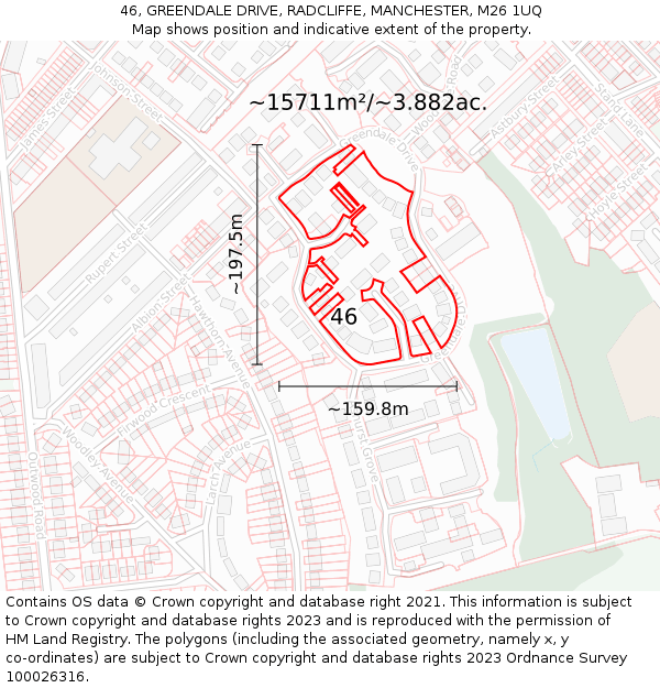 46, GREENDALE DRIVE, RADCLIFFE, MANCHESTER, M26 1UQ: Plot and title map