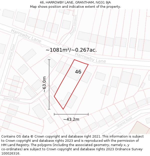 46, HARROWBY LANE, GRANTHAM, NG31 9JA: Plot and title map