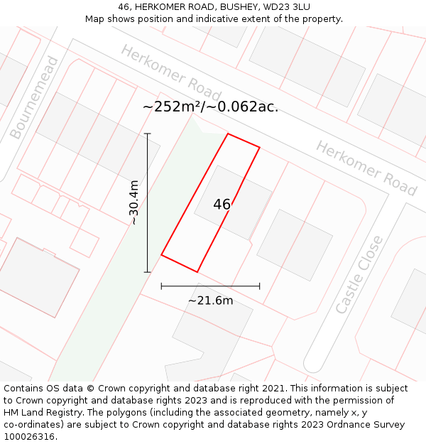 46, HERKOMER ROAD, BUSHEY, WD23 3LU: Plot and title map