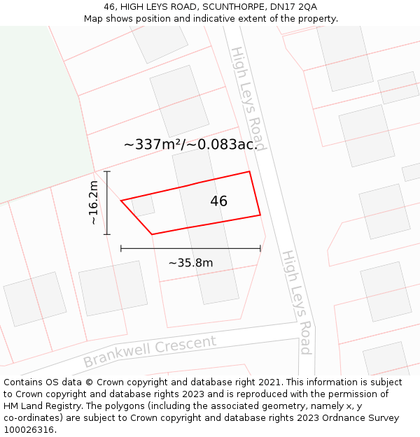 46, HIGH LEYS ROAD, SCUNTHORPE, DN17 2QA: Plot and title map