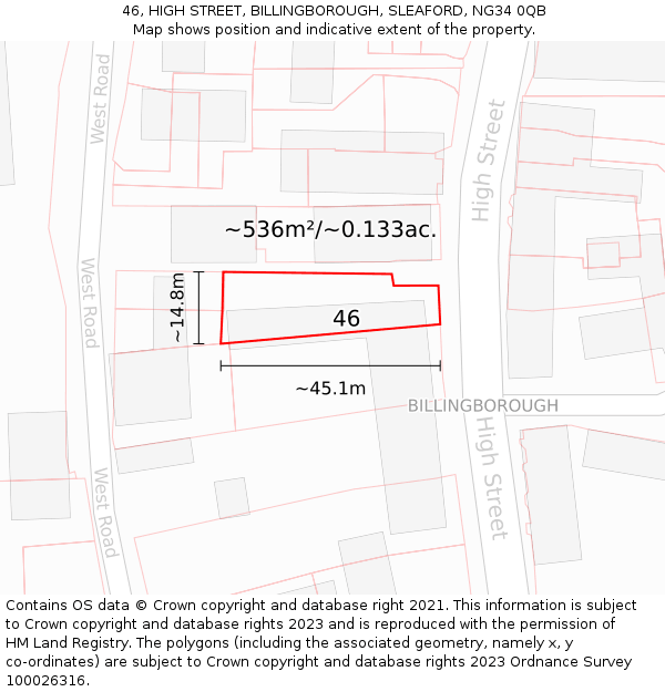 46, HIGH STREET, BILLINGBOROUGH, SLEAFORD, NG34 0QB: Plot and title map