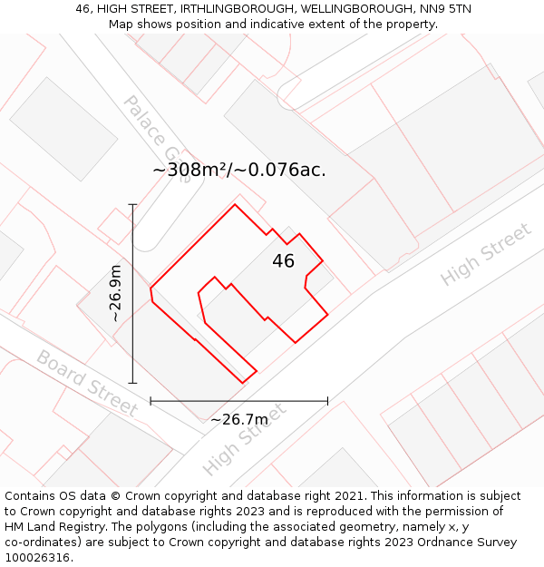 46, HIGH STREET, IRTHLINGBOROUGH, WELLINGBOROUGH, NN9 5TN: Plot and title map