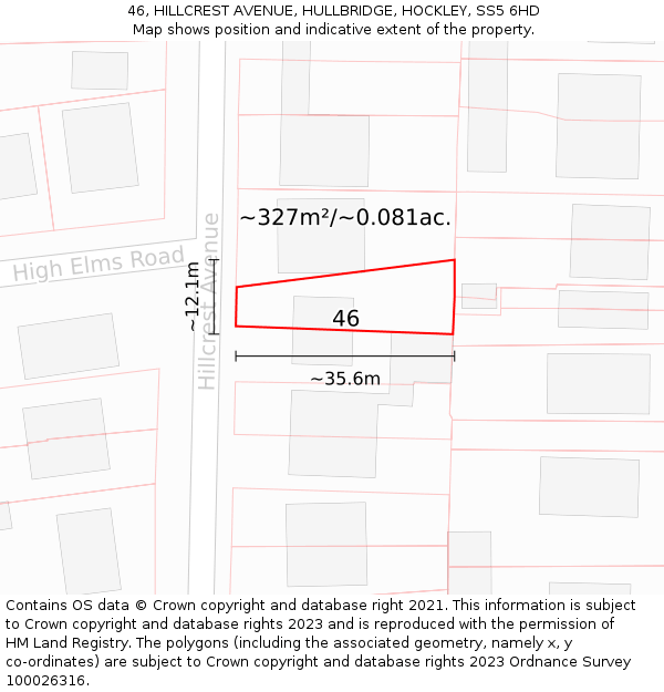 46, HILLCREST AVENUE, HULLBRIDGE, HOCKLEY, SS5 6HD: Plot and title map