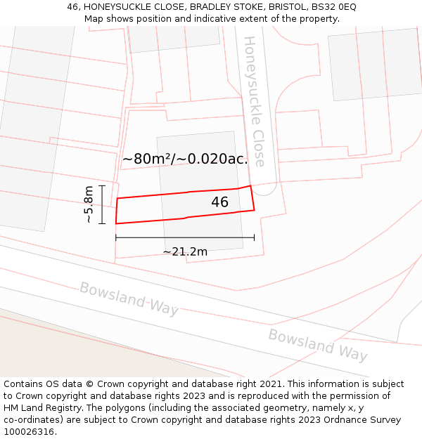 46, HONEYSUCKLE CLOSE, BRADLEY STOKE, BRISTOL, BS32 0EQ: Plot and title map