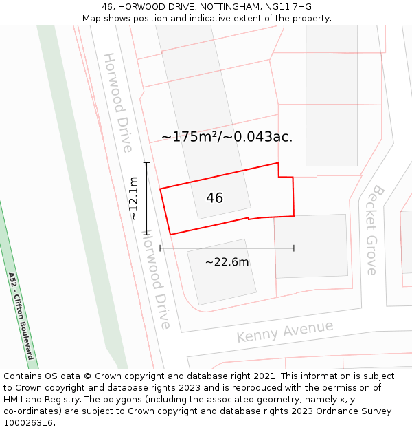 46, HORWOOD DRIVE, NOTTINGHAM, NG11 7HG: Plot and title map