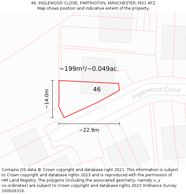 46, INGLEWOOD CLOSE, PARTINGTON, MANCHESTER, M31 4PZ: Plot and title map