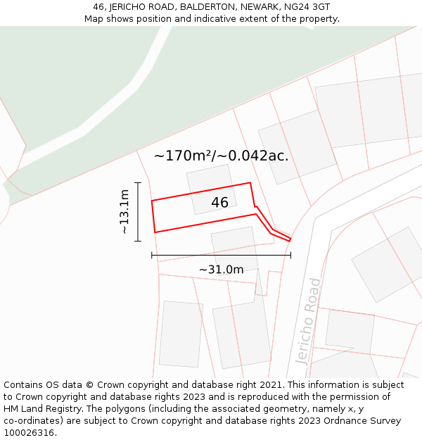 46, JERICHO ROAD, BALDERTON, NEWARK, NG24 3GT: Plot and title map