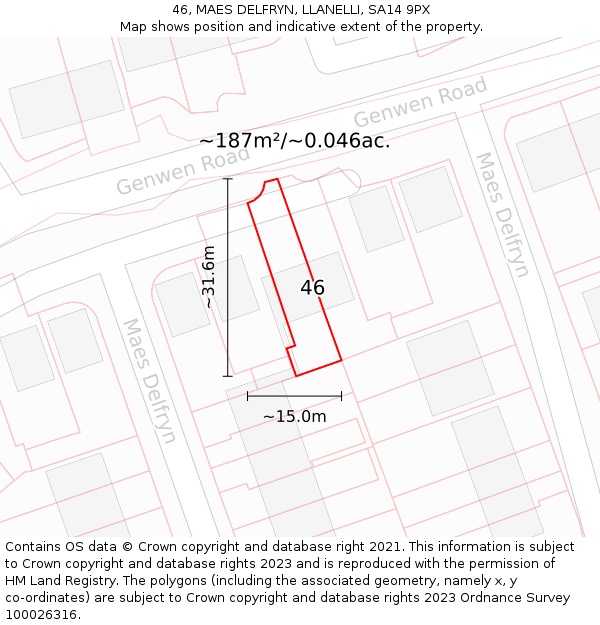 46, MAES DELFRYN, LLANELLI, SA14 9PX: Plot and title map