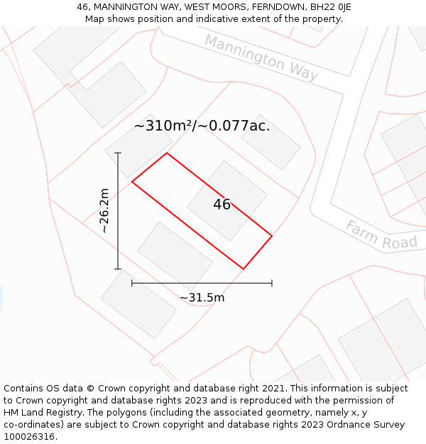 46, MANNINGTON WAY, WEST MOORS, FERNDOWN, BH22 0JE: Plot and title map