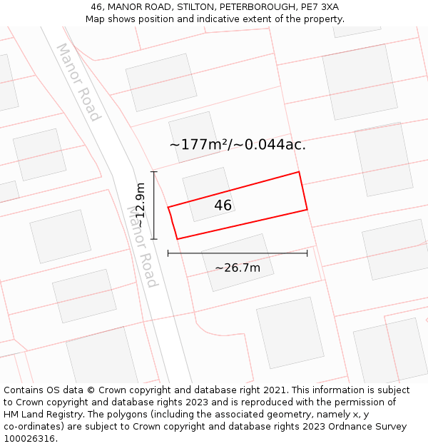 46, MANOR ROAD, STILTON, PETERBOROUGH, PE7 3XA: Plot and title map