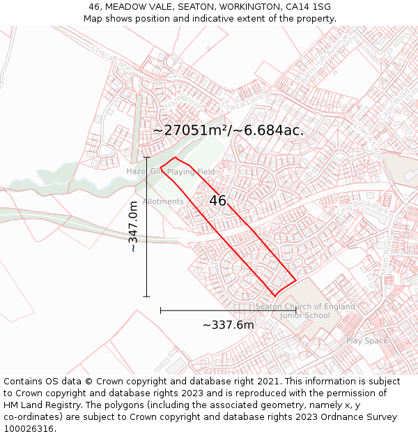 46, MEADOW VALE, SEATON, WORKINGTON, CA14 1SG: Plot and title map