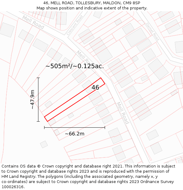 46, MELL ROAD, TOLLESBURY, MALDON, CM9 8SP: Plot and title map