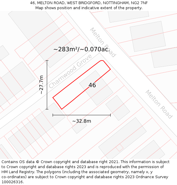 46, MELTON ROAD, WEST BRIDGFORD, NOTTINGHAM, NG2 7NF: Plot and title map