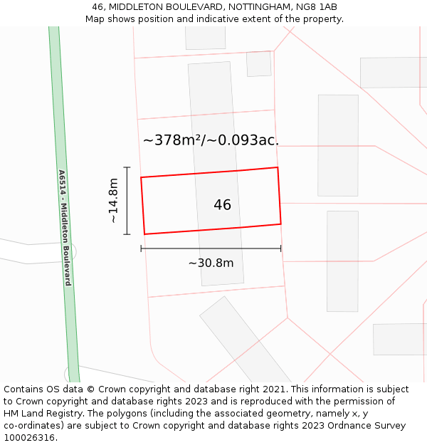 46, MIDDLETON BOULEVARD, NOTTINGHAM, NG8 1AB: Plot and title map