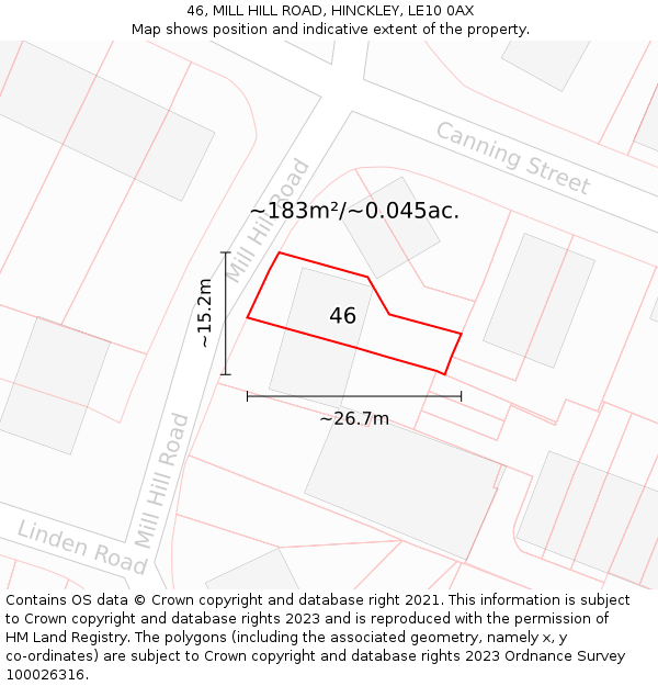 46, MILL HILL ROAD, HINCKLEY, LE10 0AX: Plot and title map