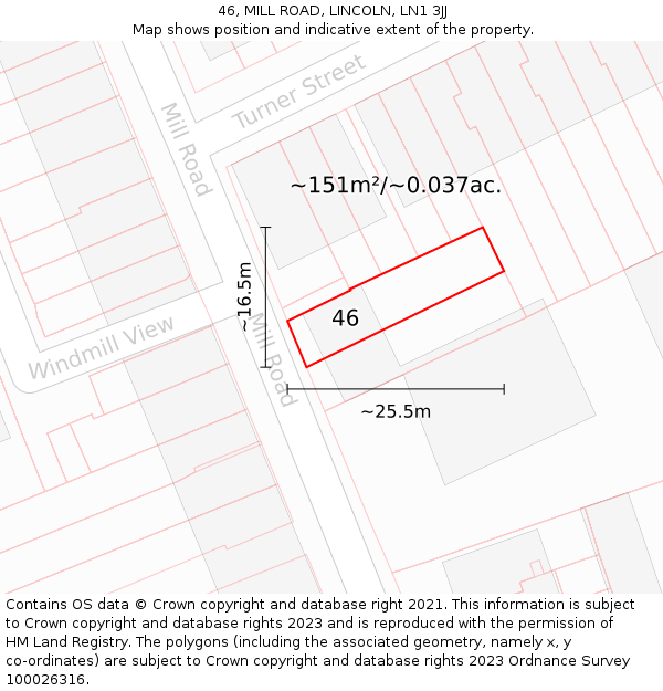 46, MILL ROAD, LINCOLN, LN1 3JJ: Plot and title map