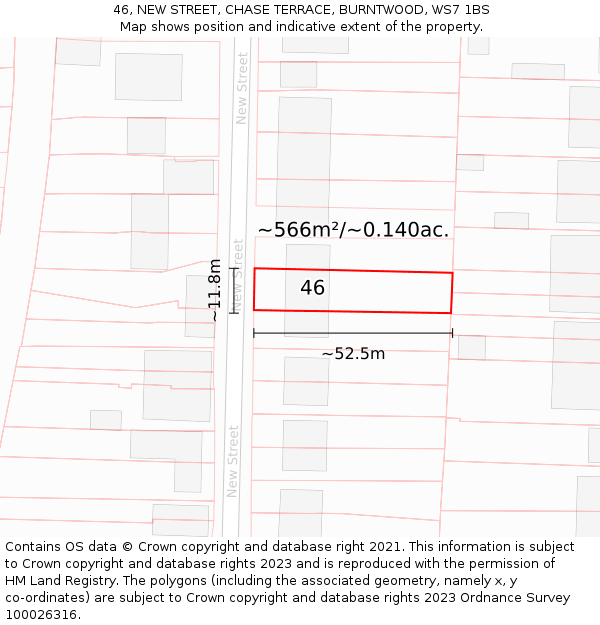 46, NEW STREET, CHASE TERRACE, BURNTWOOD, WS7 1BS: Plot and title map