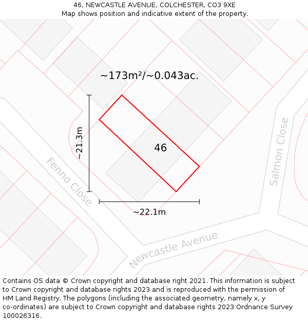 46, NEWCASTLE AVENUE, COLCHESTER, CO3 9XE: Plot and title map