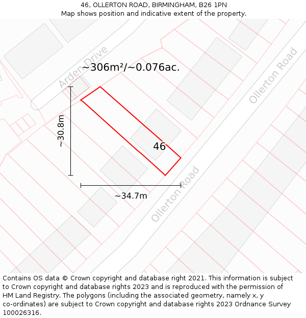 46, OLLERTON ROAD, BIRMINGHAM, B26 1PN: Plot and title map