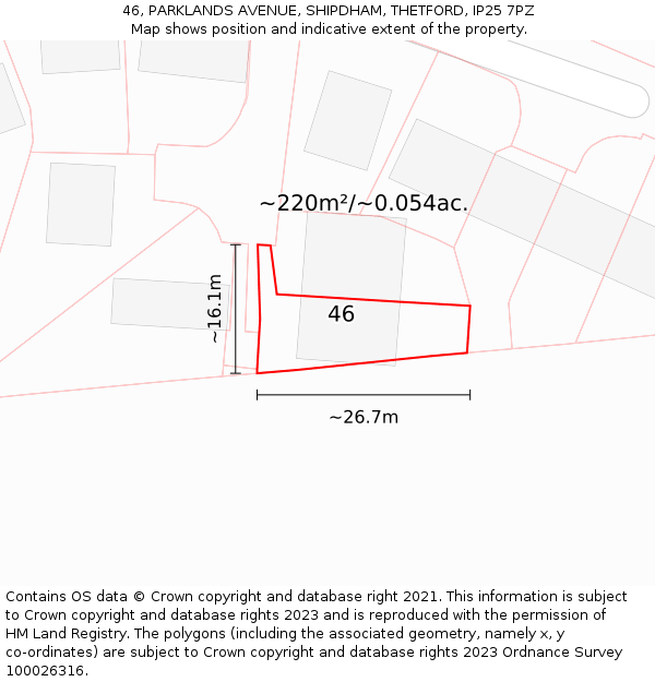 46, PARKLANDS AVENUE, SHIPDHAM, THETFORD, IP25 7PZ: Plot and title map