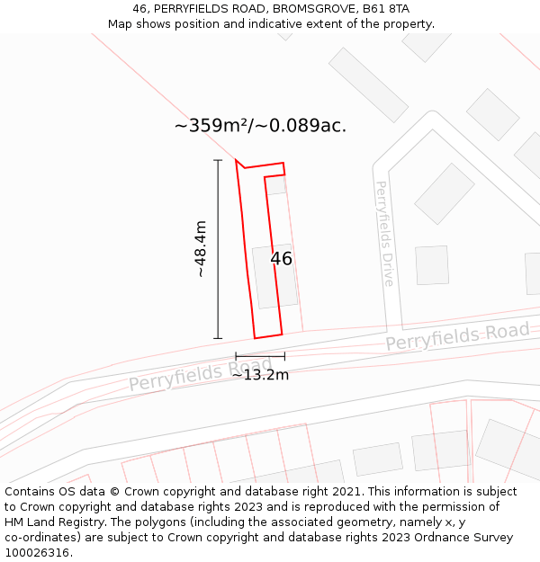 46, PERRYFIELDS ROAD, BROMSGROVE, B61 8TA: Plot and title map