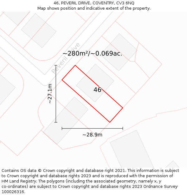 46, PEVERIL DRIVE, COVENTRY, CV3 6NQ: Plot and title map