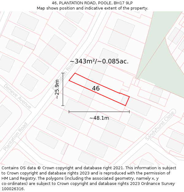 46, PLANTATION ROAD, POOLE, BH17 9LP: Plot and title map