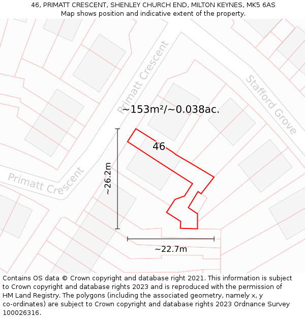 46, PRIMATT CRESCENT, SHENLEY CHURCH END, MILTON KEYNES, MK5 6AS: Plot and title map