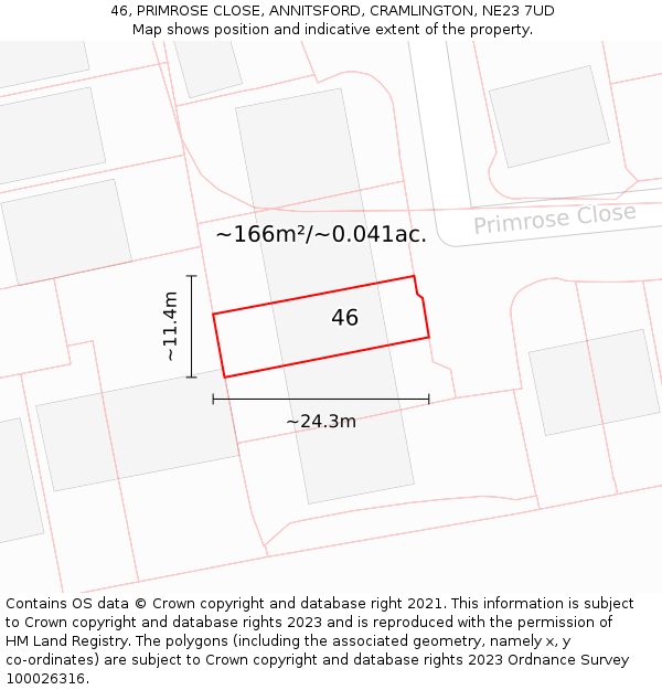 46, PRIMROSE CLOSE, ANNITSFORD, CRAMLINGTON, NE23 7UD: Plot and title map