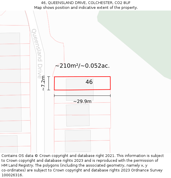 46, QUEENSLAND DRIVE, COLCHESTER, CO2 8UF: Plot and title map