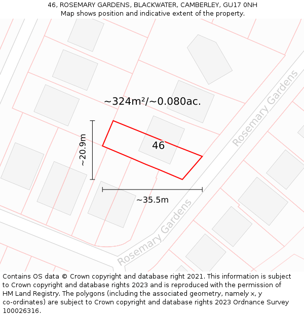 46, ROSEMARY GARDENS, BLACKWATER, CAMBERLEY, GU17 0NH: Plot and title map