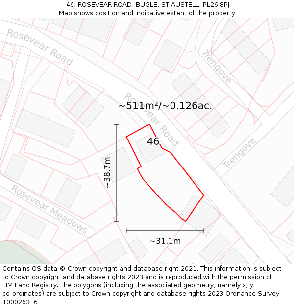 46, ROSEVEAR ROAD, BUGLE, ST AUSTELL, PL26 8PJ: Plot and title map