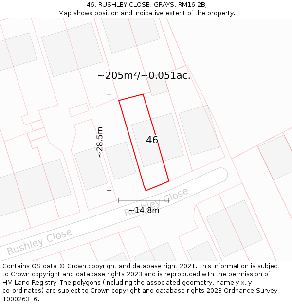 46, RUSHLEY CLOSE, GRAYS, RM16 2BJ: Plot and title map