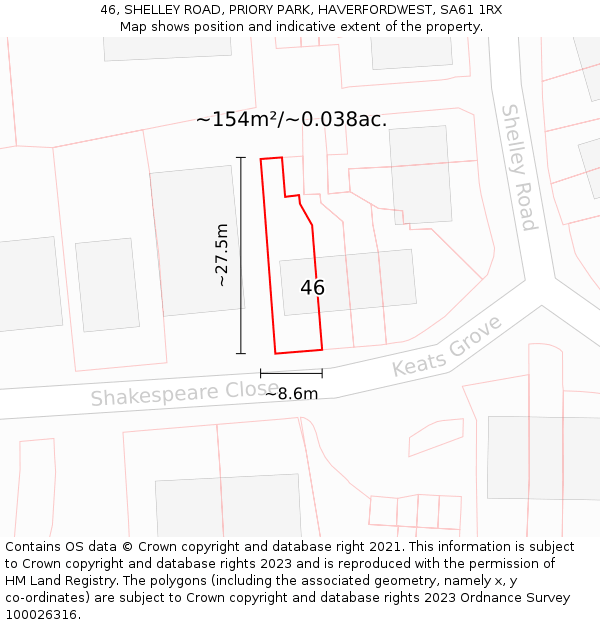 46, SHELLEY ROAD, PRIORY PARK, HAVERFORDWEST, SA61 1RX: Plot and title map