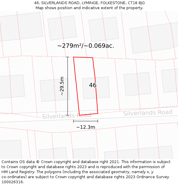 46, SILVERLANDS ROAD, LYMINGE, FOLKESTONE, CT18 8JG: Plot and title map