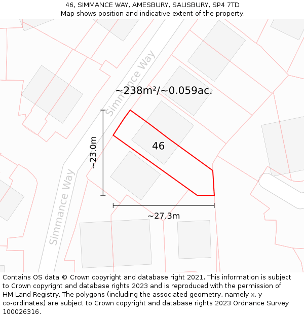 46, SIMMANCE WAY, AMESBURY, SALISBURY, SP4 7TD: Plot and title map