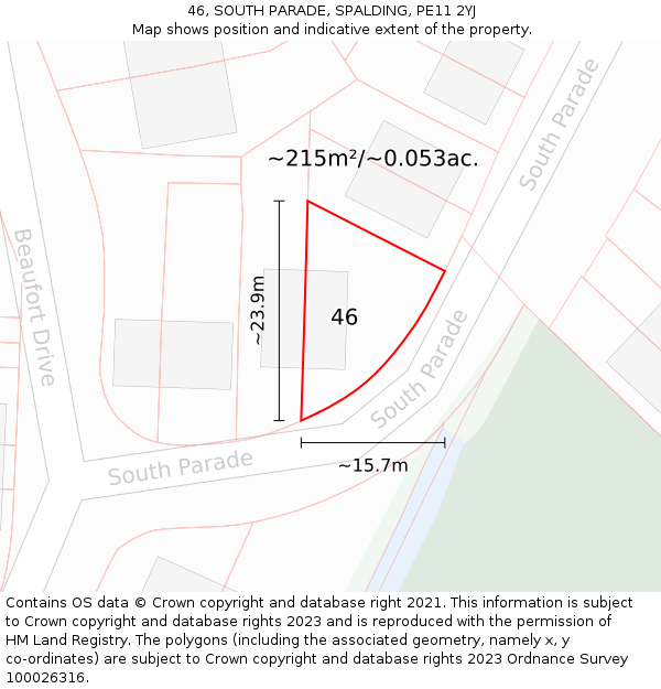 46, SOUTH PARADE, SPALDING, PE11 2YJ: Plot and title map