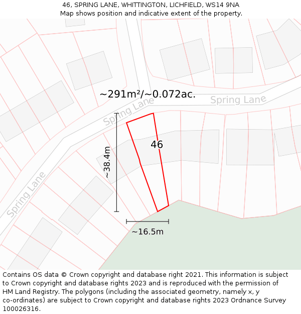 46, SPRING LANE, WHITTINGTON, LICHFIELD, WS14 9NA: Plot and title map