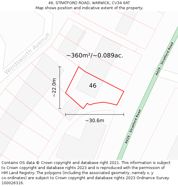 46, STRATFORD ROAD, WARWICK, CV34 6AT: Plot and title map