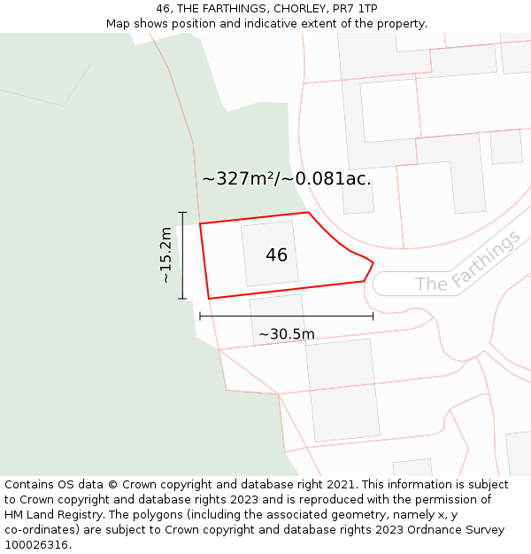 46, THE FARTHINGS, CHORLEY, PR7 1TP: Plot and title map