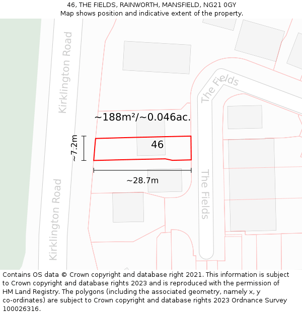 46, THE FIELDS, RAINWORTH, MANSFIELD, NG21 0GY: Plot and title map