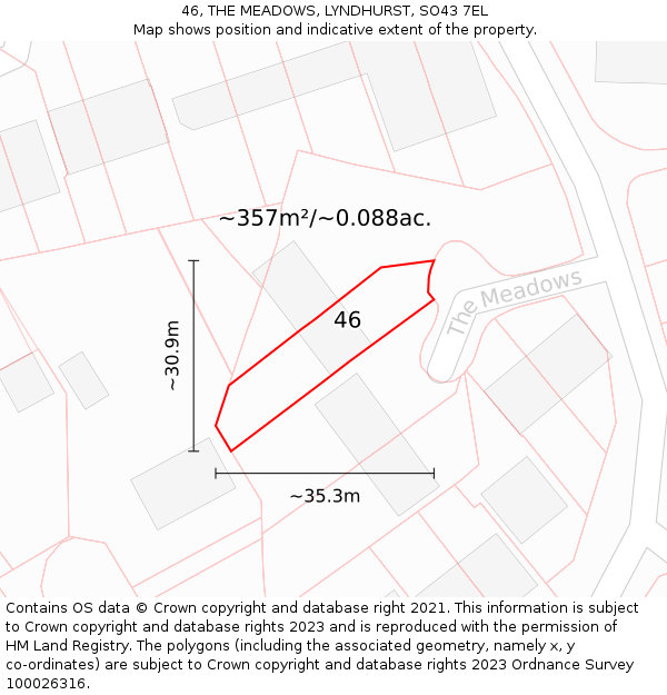 46, THE MEADOWS, LYNDHURST, SO43 7EL: Plot and title map