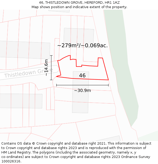 46, THISTLEDOWN GROVE, HEREFORD, HR1 1AZ: Plot and title map