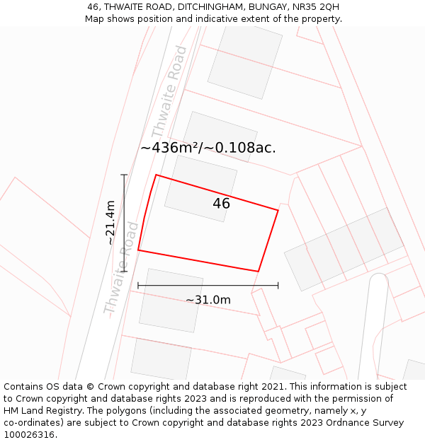 46, THWAITE ROAD, DITCHINGHAM, BUNGAY, NR35 2QH: Plot and title map