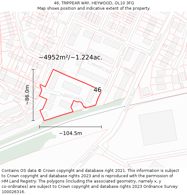 46, TRIPPEAR WAY, HEYWOOD, OL10 3FG: Plot and title map