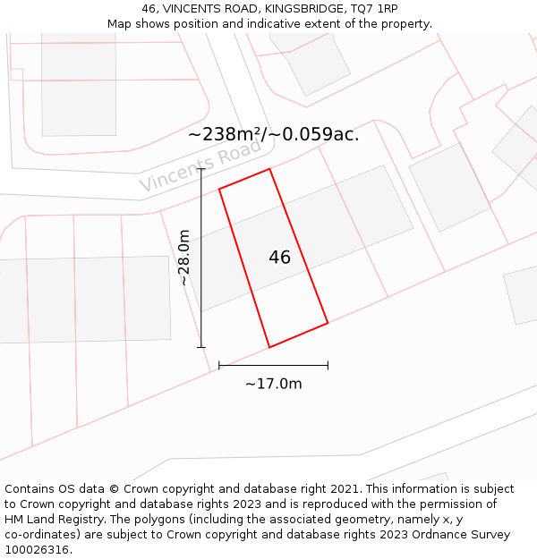 46, VINCENTS ROAD, KINGSBRIDGE, TQ7 1RP: Plot and title map