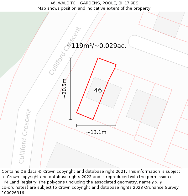 46, WALDITCH GARDENS, POOLE, BH17 9ES: Plot and title map